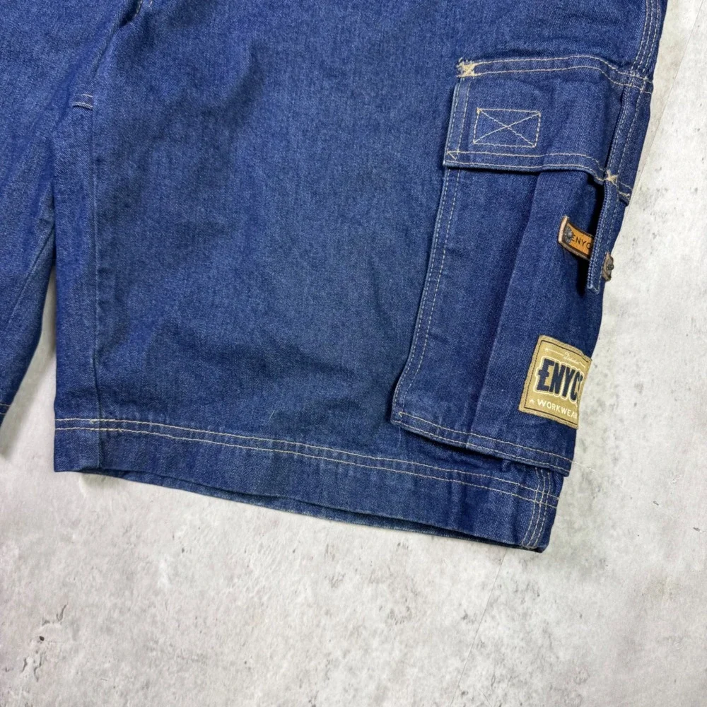 Enyce Mens Baggy Denim Cargo Shorts Blue Dark Wash Streetwear Size 36 Vintage